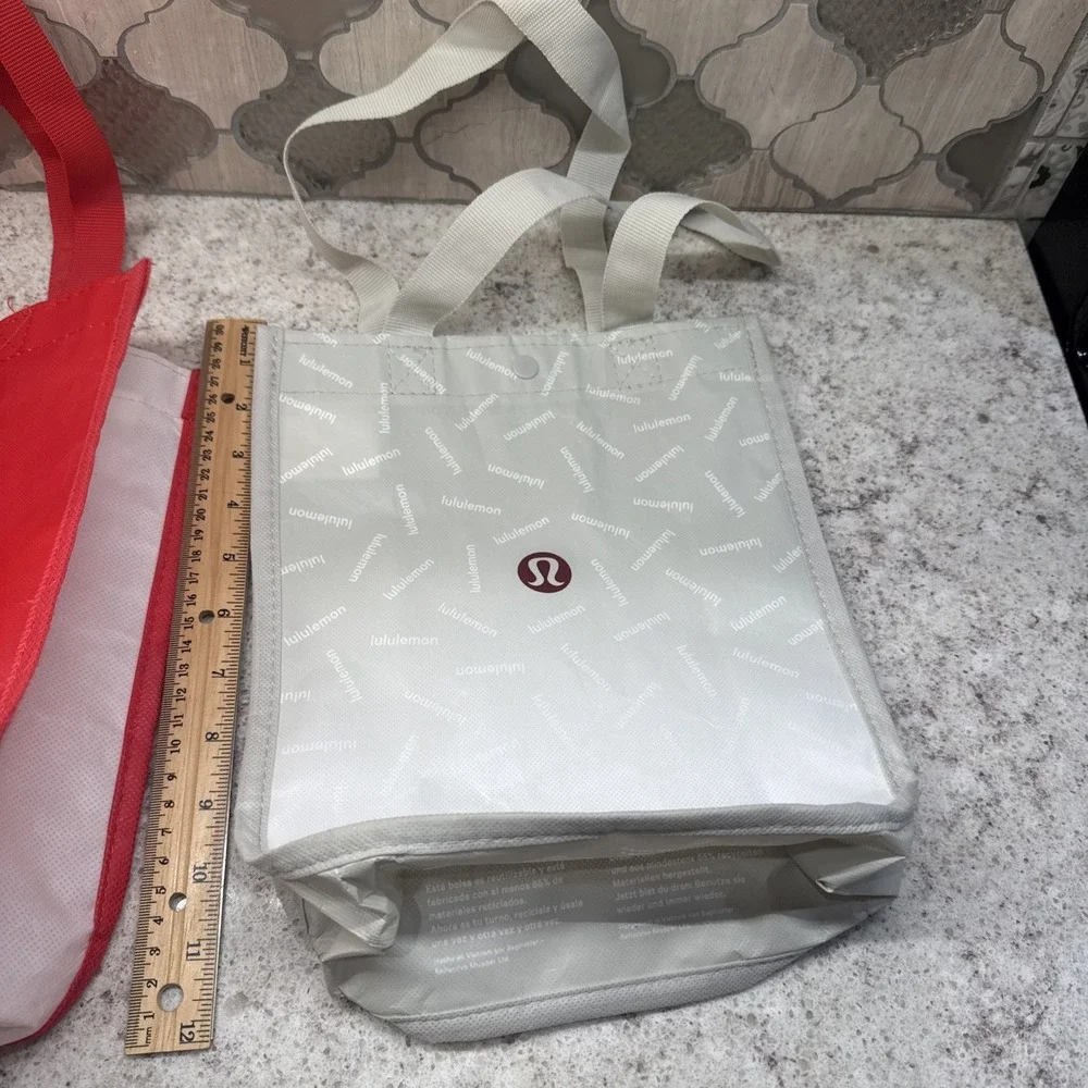 Lululemon 2 Reusable Shopping Tote Bag Red And‎ Off White Logo 12x9